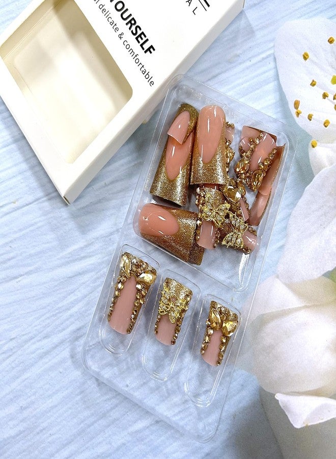 CJDLTS Gold Rhinestones Butterfly Press on Nails Medium Duckbill Design Coffin Full Cover Artificial Acrylic French Stick on DIY Glue on for Women Manicure Kit - Image 4